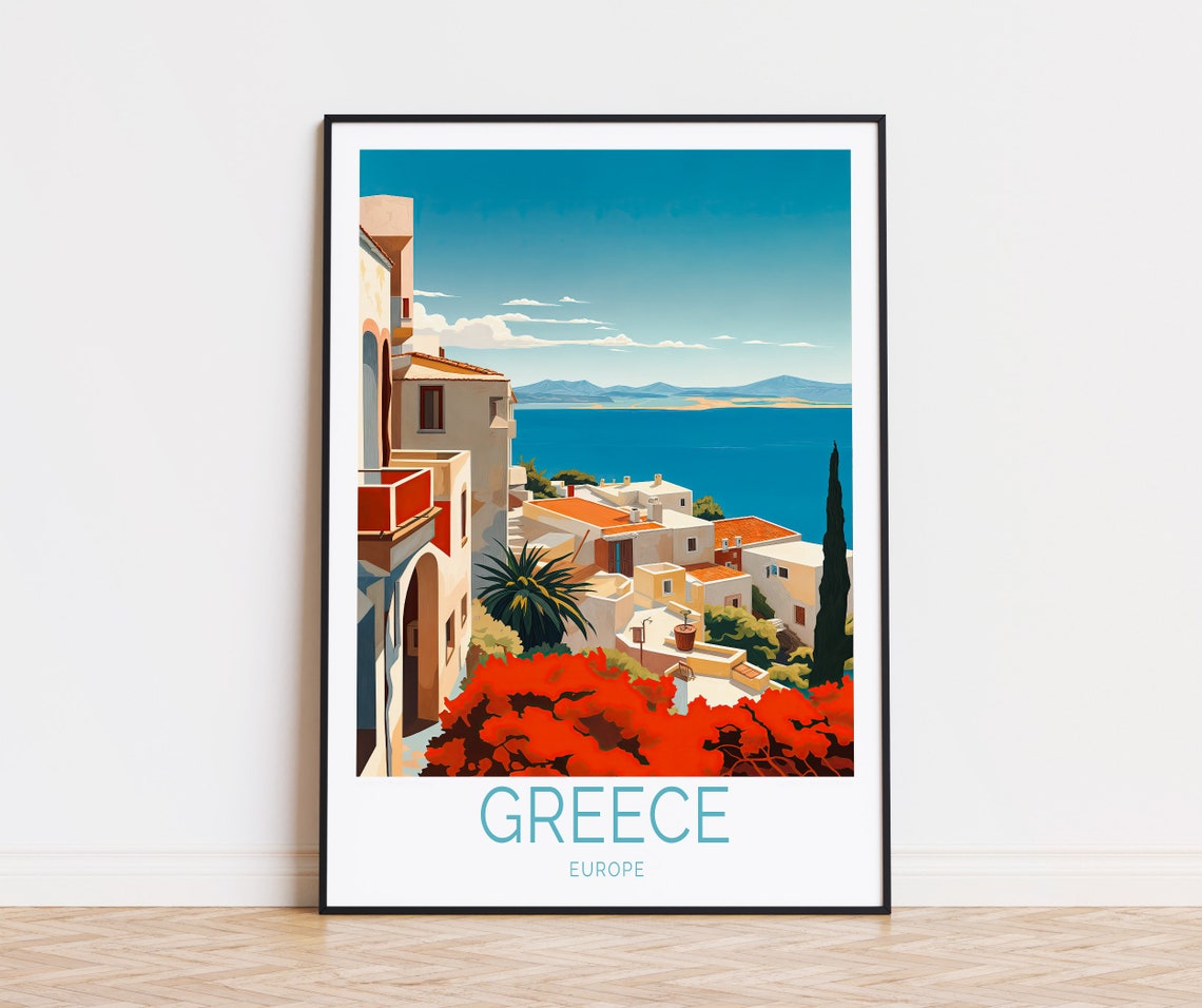 Greece Aegean Coastal Town With Red Bougainvillea In Bloom Poster