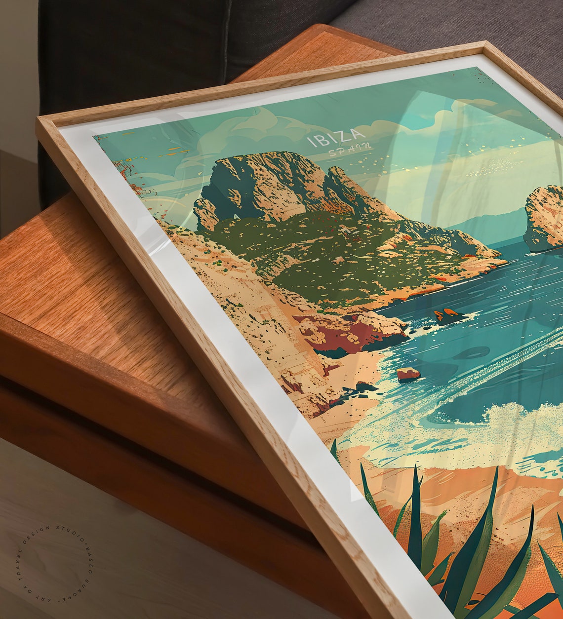 Ibiza Spain Rocky Cliffs Speedboats Retro Beach Travel Poster - Image 3