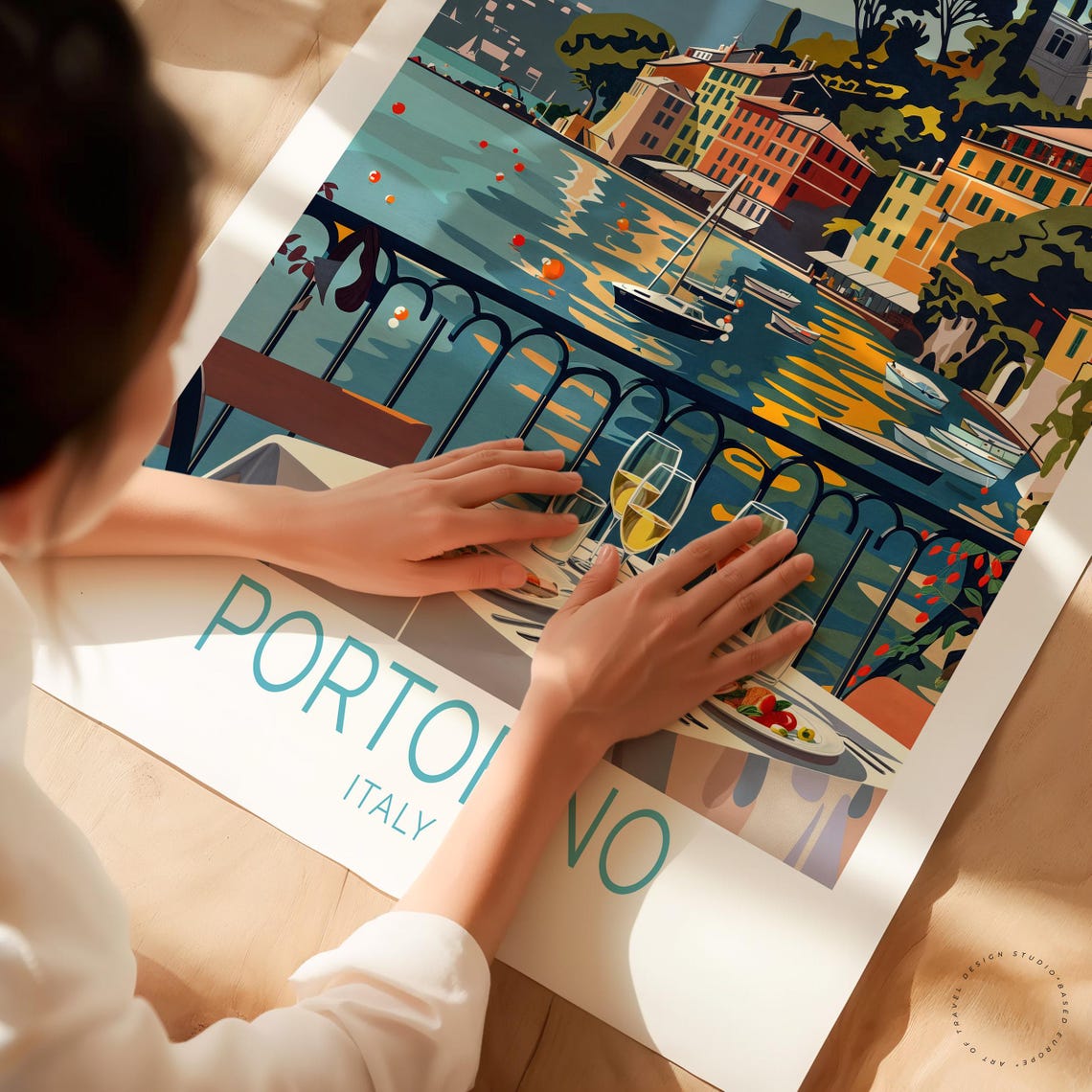 Portofino Italy Harbor Waterfront Dining Boats Hillside Travel Poster - Image 3