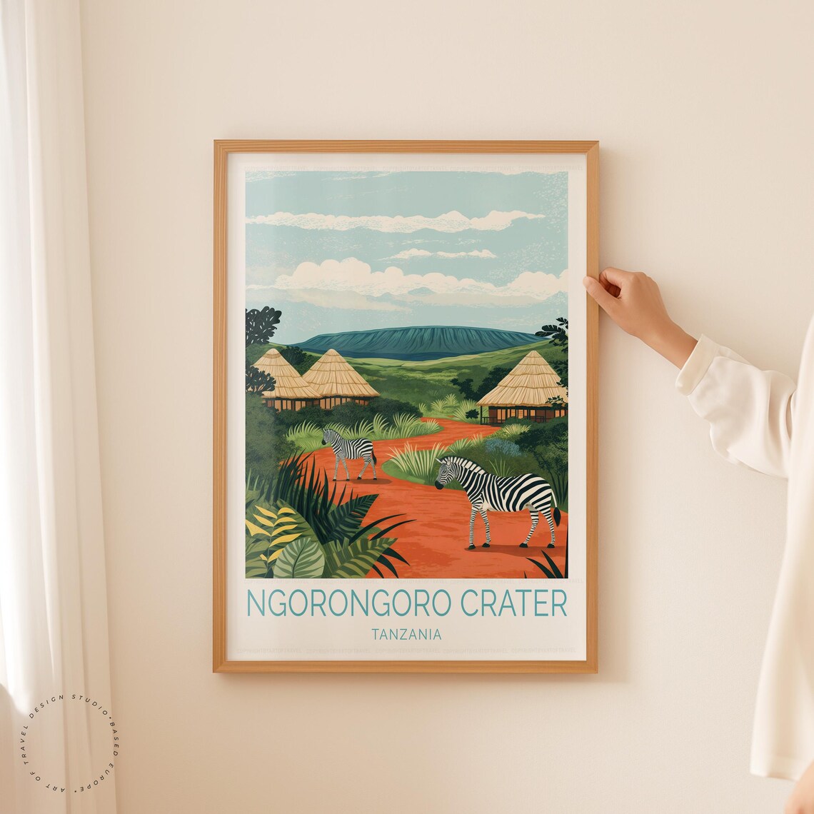 Ngorongoro Crater Tanzania Zebras Savannah Huts Vintage Travel Poster - Image 5