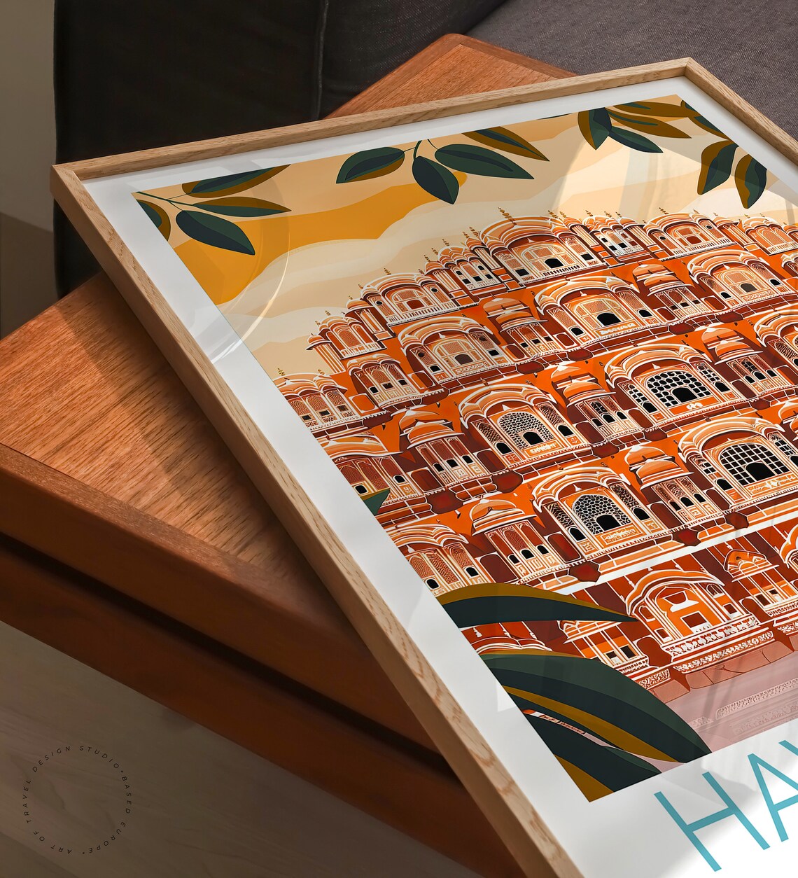 Hawa Mahal Jaipur Palace of Winds Facade Tropical Leaves Poster - Image 3