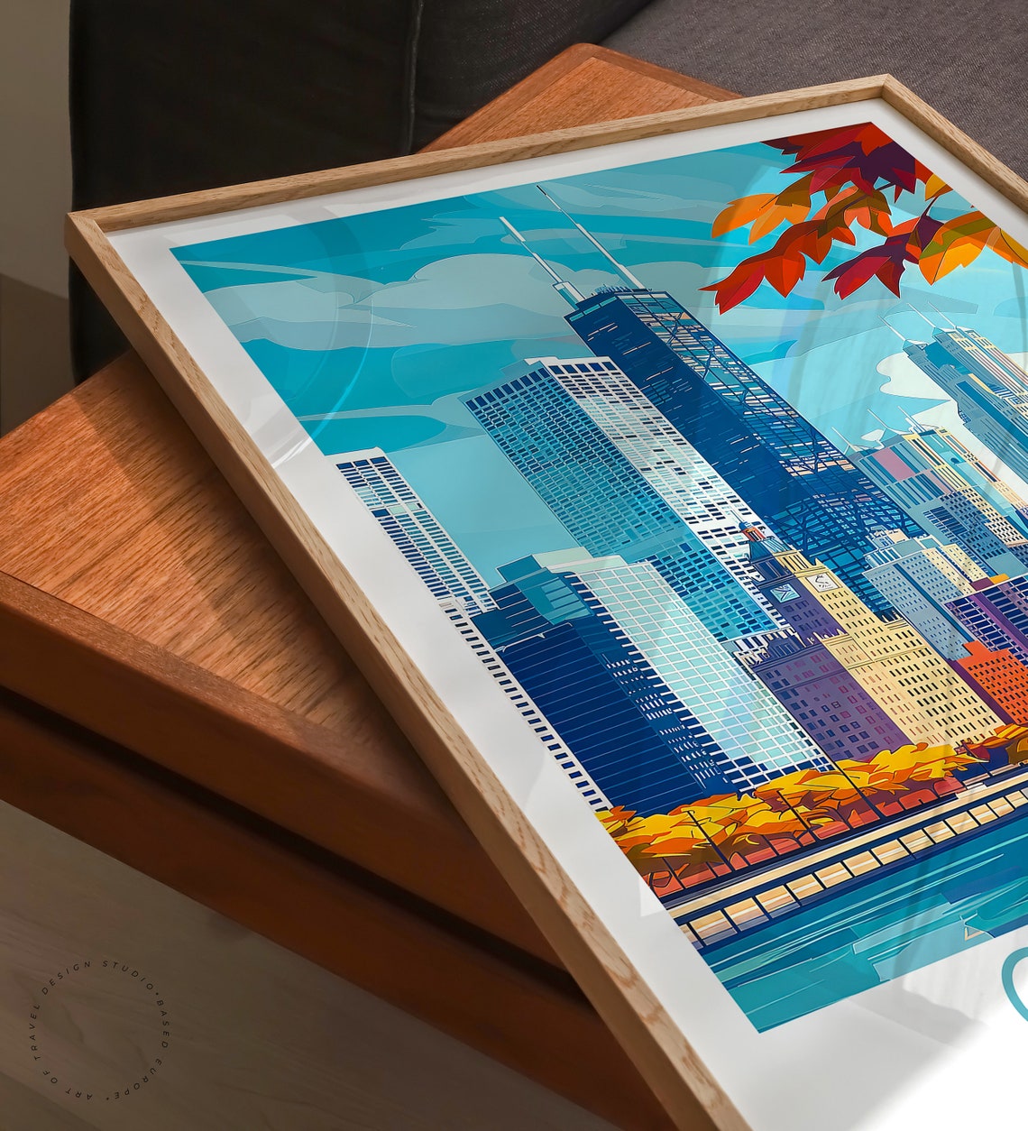 Chicago Riverfront Skyline Autumn Leaves Vintage Travel Poster - Image 3