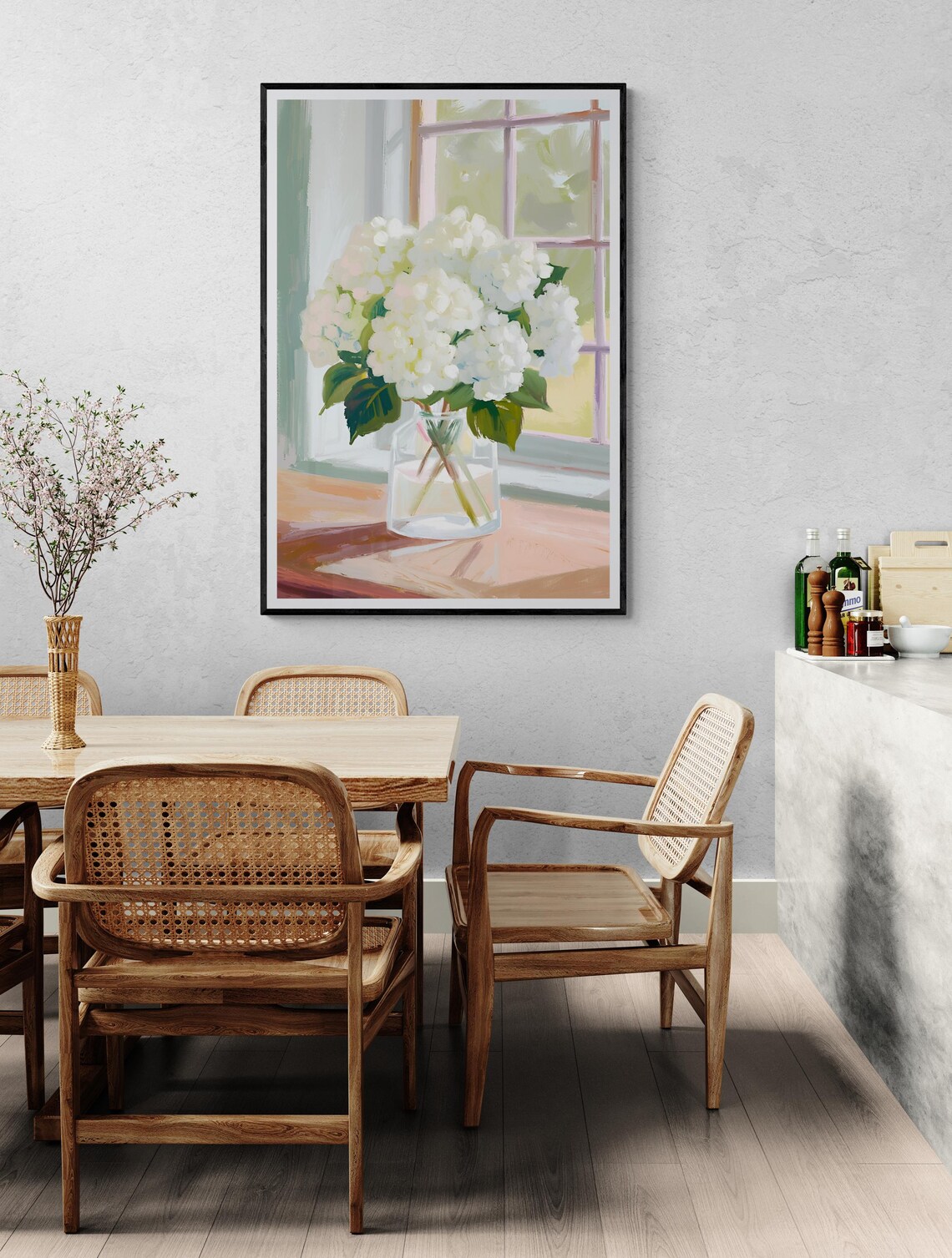 White Hydrangeas Glass Jar Sunlit Window Soft Floral Wall Art Print Poster - Image 2