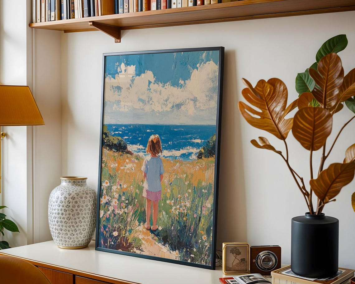 Little Girl Standing By Ocean Sea Wall Art Costal Waves Poster Nature And Sea Art Sunshine Waves Print Landscape Nature Sea - Image 2