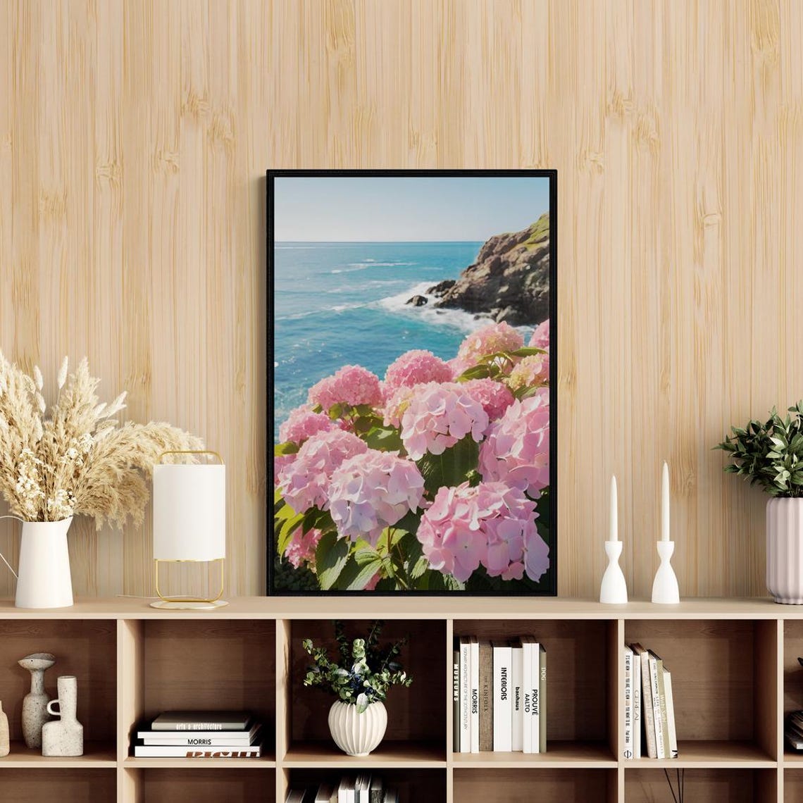 Pink Hydrangea Blooms Coastal Cliff Ocean View Seaside Travel Poster