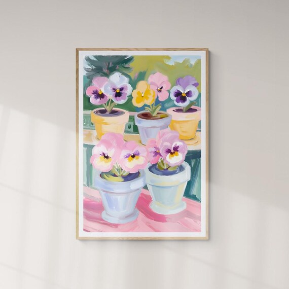 Potted Pansies Garden Pots Pink Table Impressionist Floral Wall Art Poster