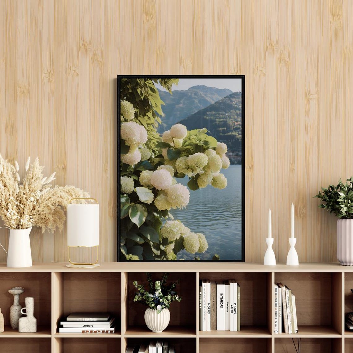 Lake Como Italy Hydrangea Blooms Lakeside Mountain View Travel Poster - Image 2