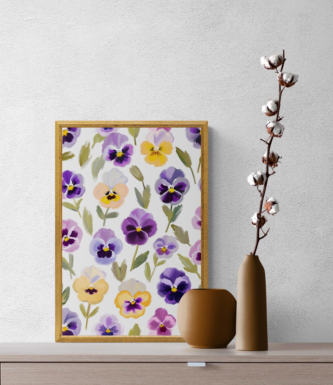 Purple Yellow Pansies Scattered Pattern Cream Background Botanical Art Poster