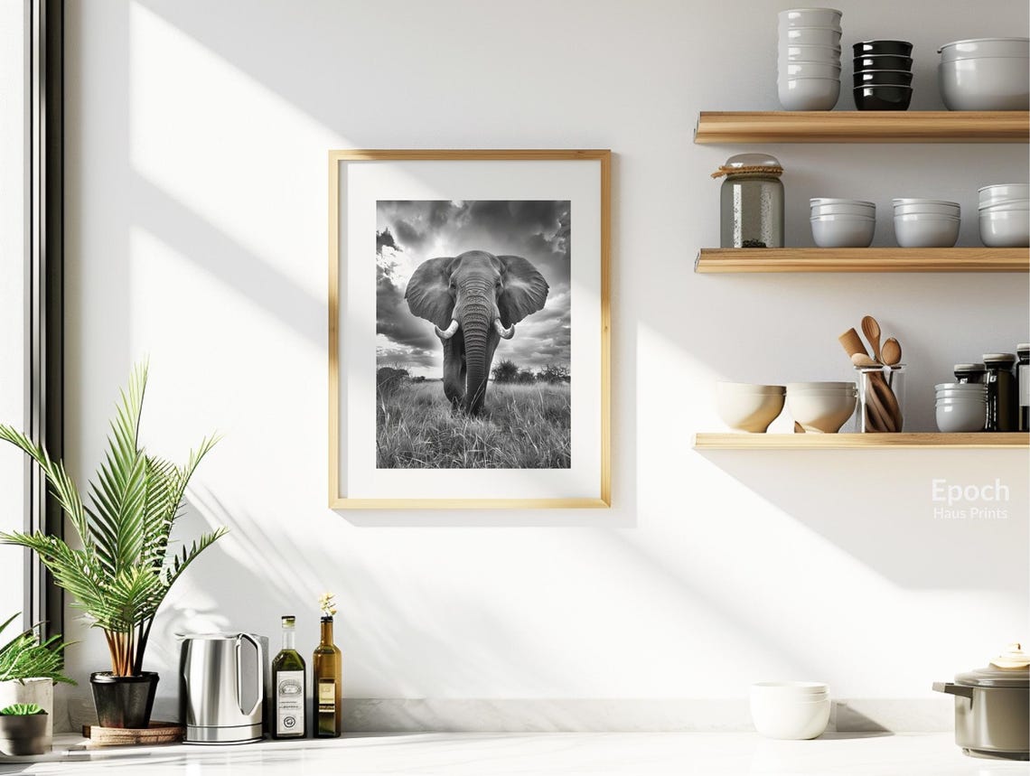 African Elephant in Black and White, Animal Art Print - Image 2