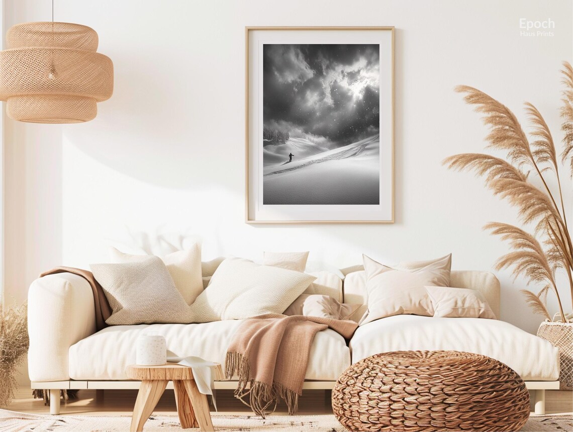Skier on Snowy Mountain Ranges, Black and White - Image 3
