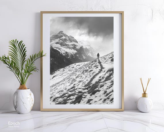 Photo Of Hiker On Snowy Mountain Ranges Black And White Beautiful Landscape Photo Minimalist Wall Art Print Instant