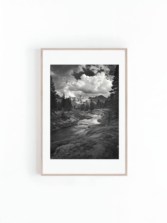 Photo Of River Forest And Mountain Ranges Black And White Beautiful Landscape Photo Minimalist Wall Art Print Instant