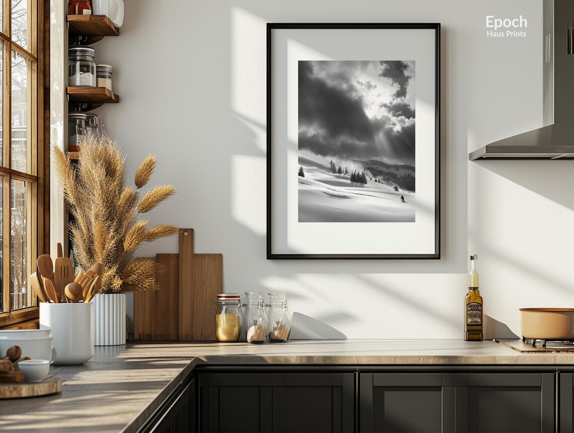 Skier on Snowy Mountain Ranges, Black and White - Image 2