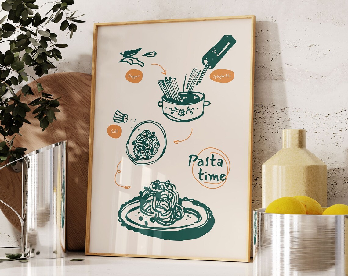 Pasta Time Spaghetti Recipe Illustrated Italian Kitchen Poster