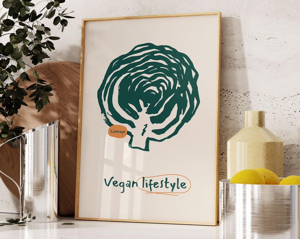 Cabbage Vegan Lifestyle Green Kitchen Food Illustration Art Poster