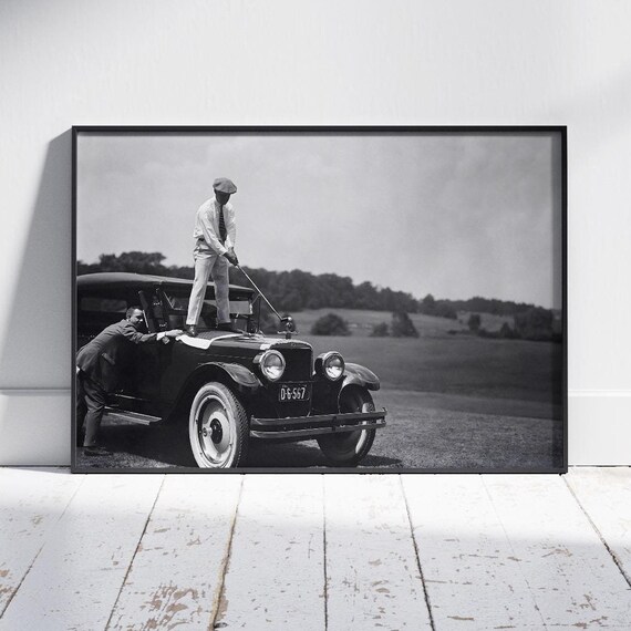Vintage Golfer On Car Art Print, Retro Golf Decor
