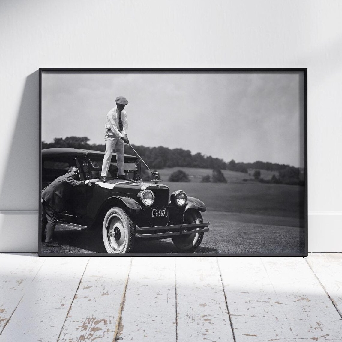 Vintage Golfer On Car Art Print, Retro Golf Decor