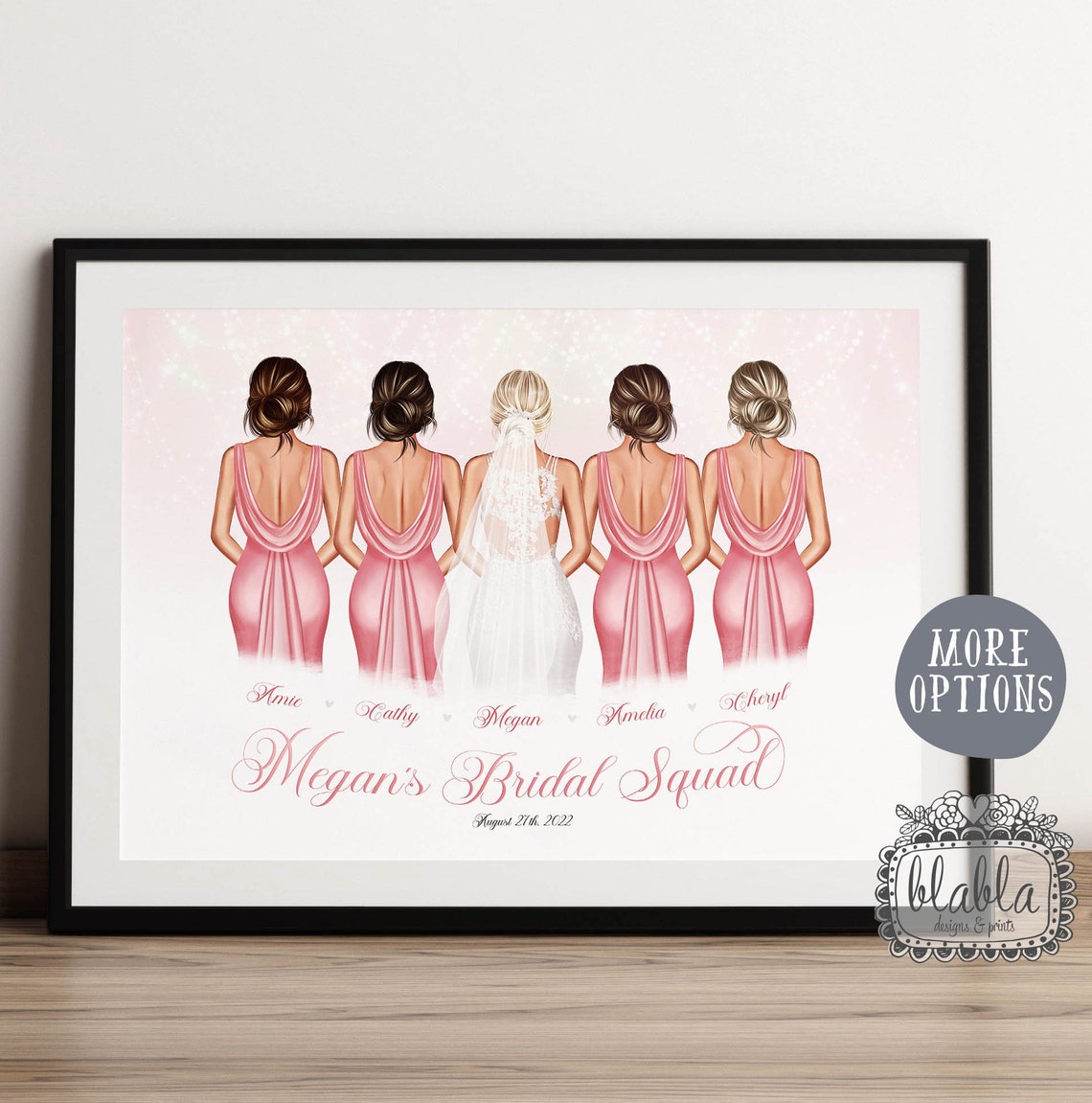 Personalised Bridal Squad Bride With Four Bridesmaids Keepsake Print