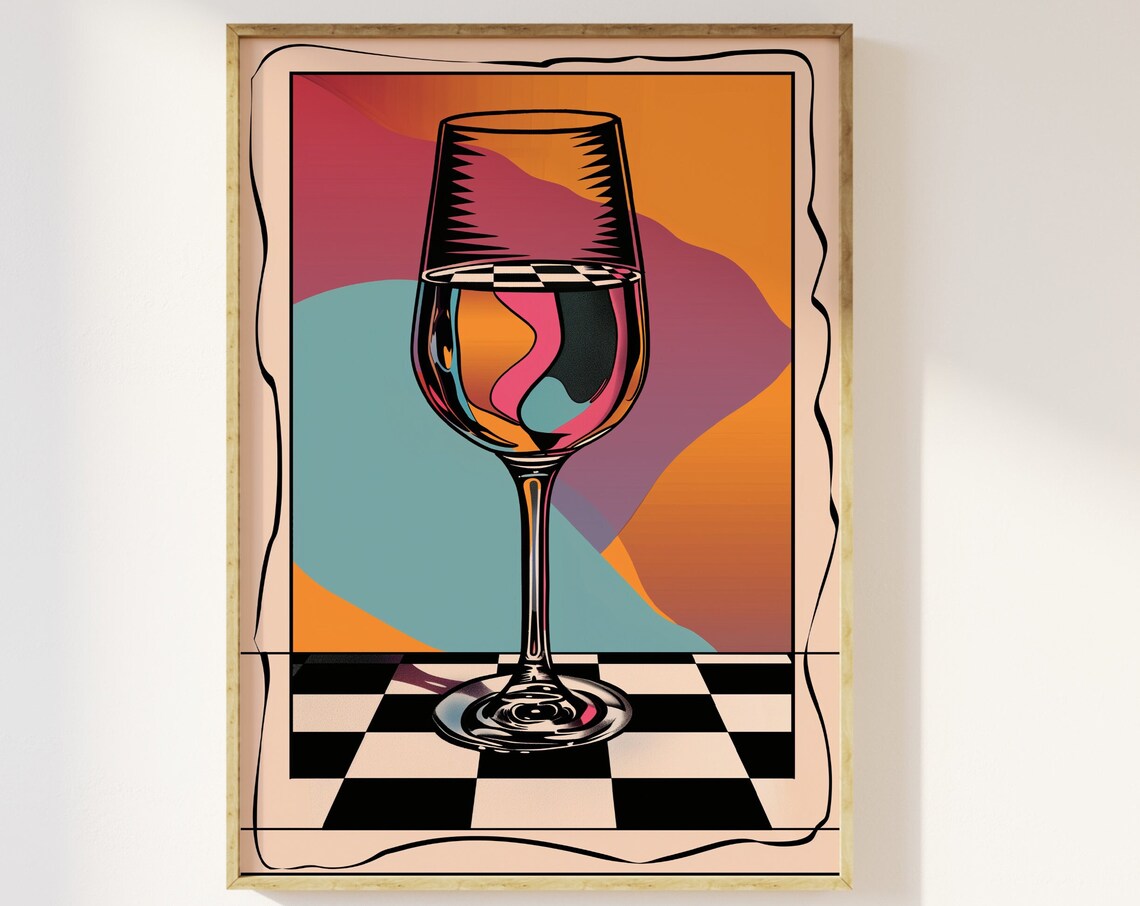 Wine Glass Eclectic Poster, Retro Kitchen Art