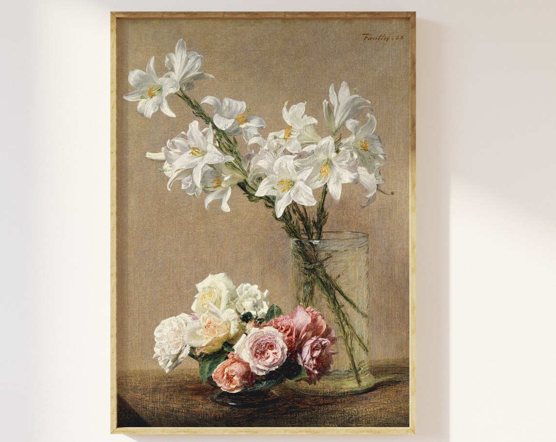 Vintage Roses and Lilies Still Life Art Print