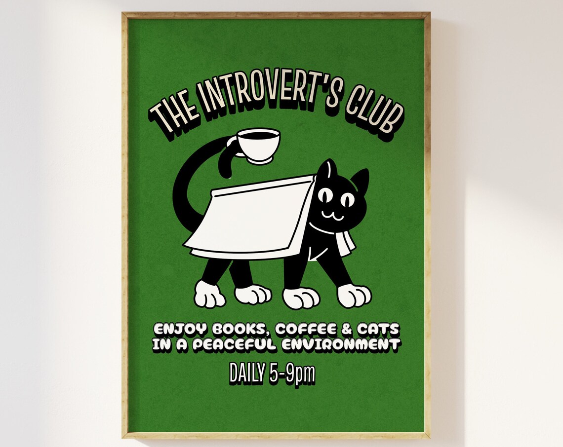 The Introverts Club Retro Cats Books Coffee Art Print