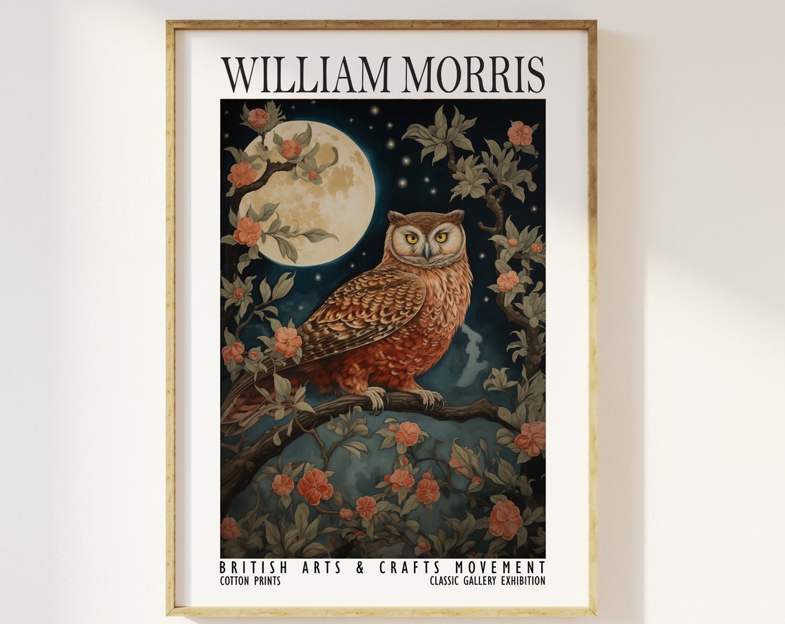 William Morris Owl Full Moon Night Blossom Exhibition Poster