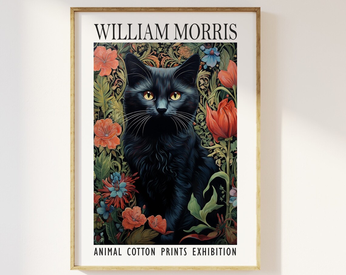 William Morris Black Cat Floral Garden Animal Exhibition Poster