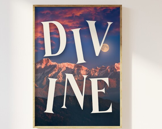 Divine Mountain Sunset Moon Stars Dramatic Celestial Nature Poster