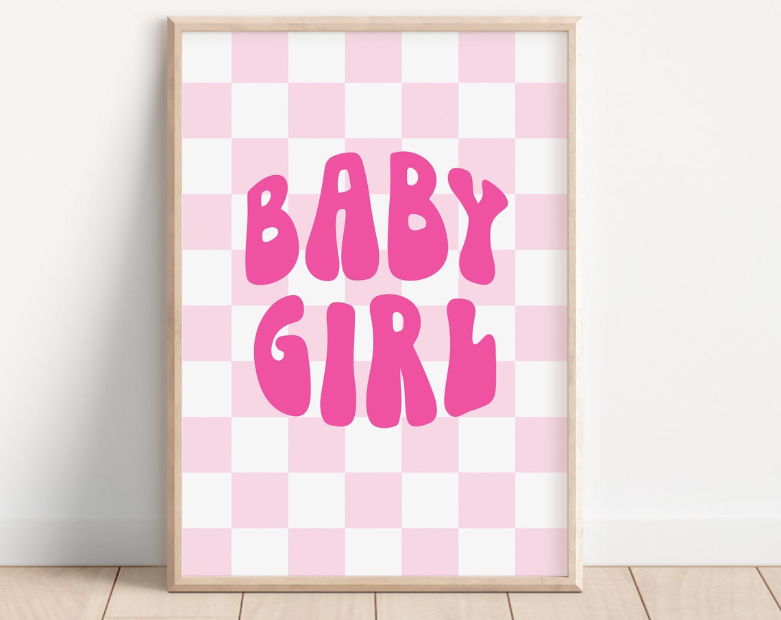 Baby Girl Y2K Checkerboard Groovy Retro Pink Typography Poster