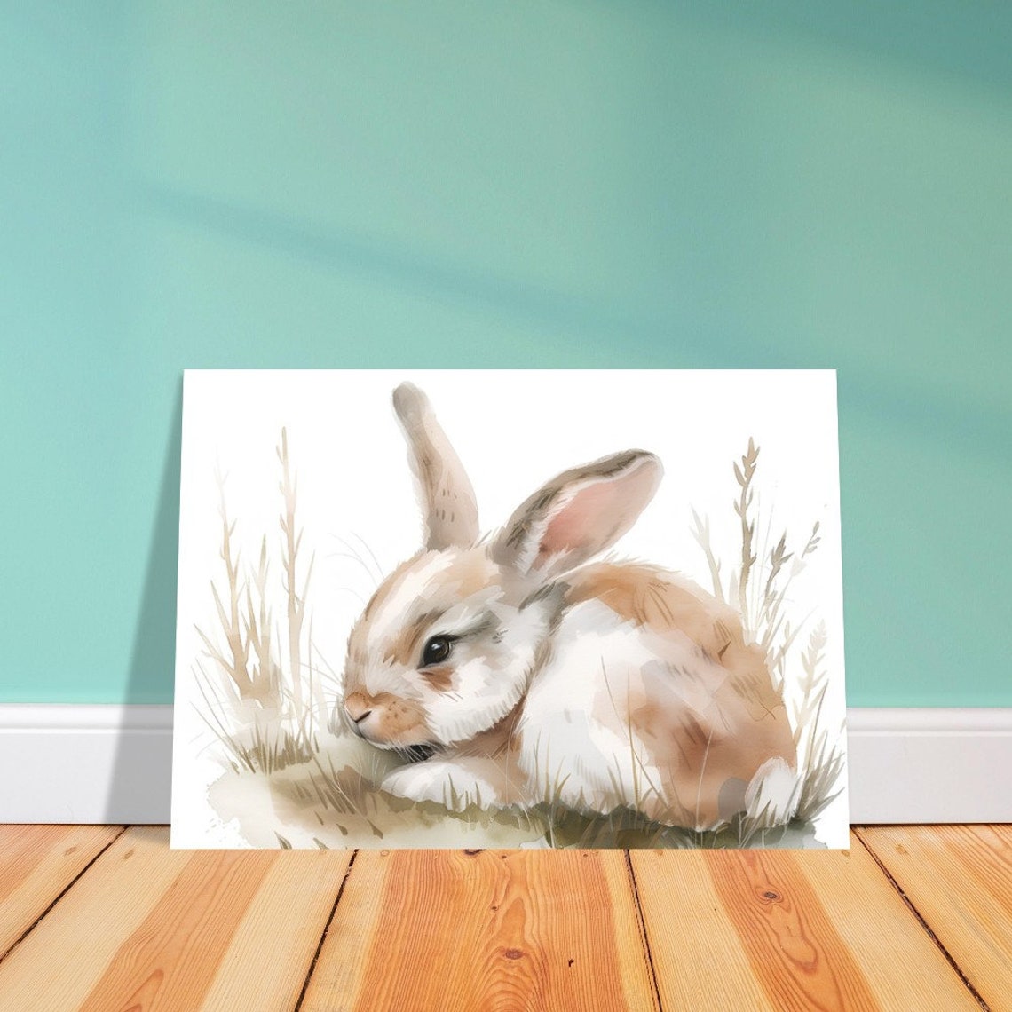 Tender Bunny Resting in Grass Watercolour Cute Spring Animal Poster - Image 2