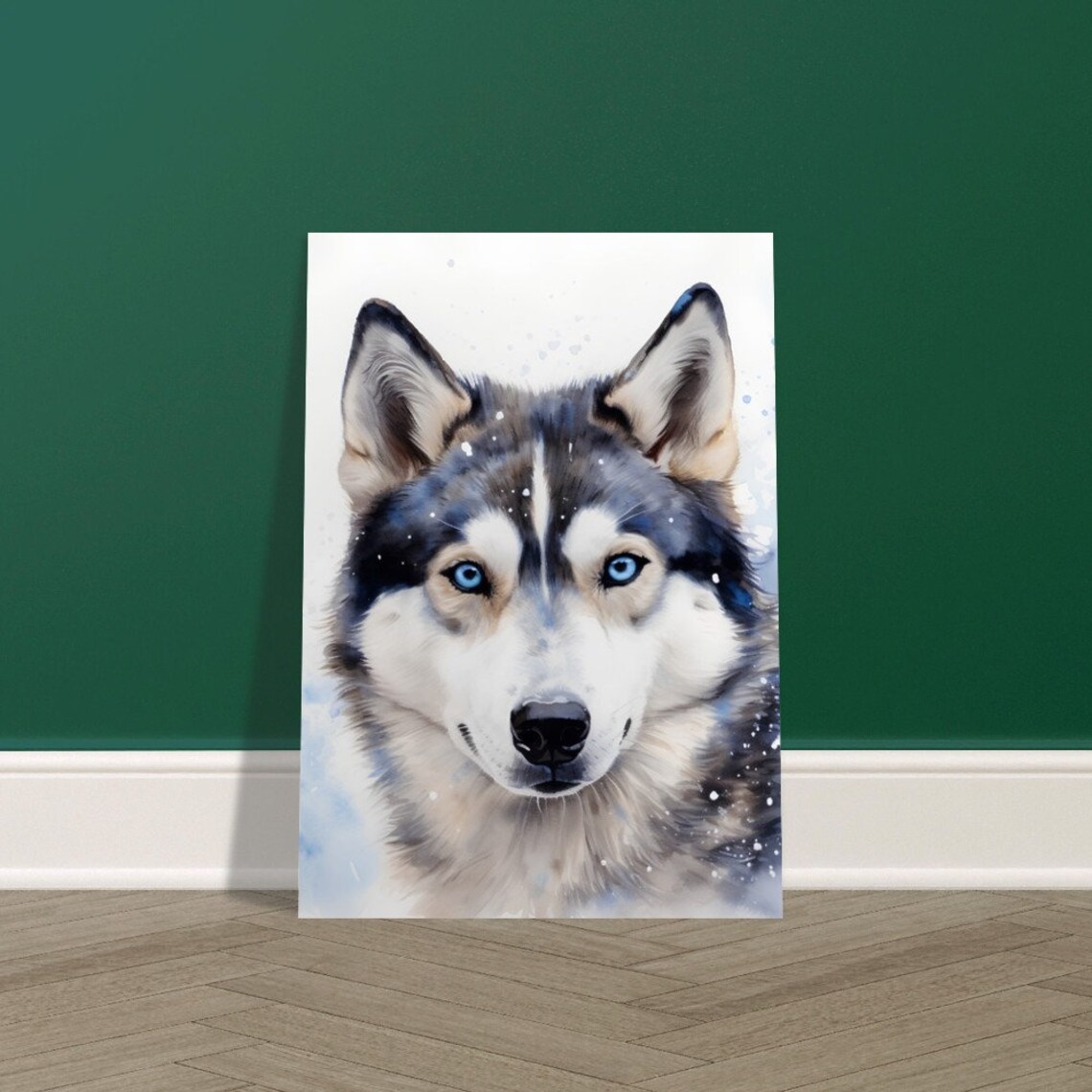 Beautiful Husky Icy Blue Eyes Watercolour Snow Dog Portrait Poster - Image 3