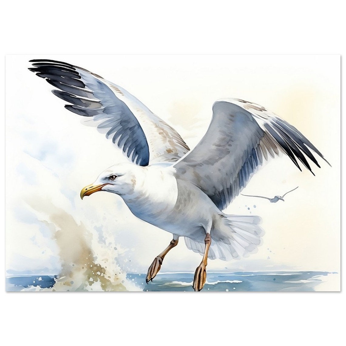 Graceful Seagull Soaring Waves Watercolour Coastal Seaside Bird Poster