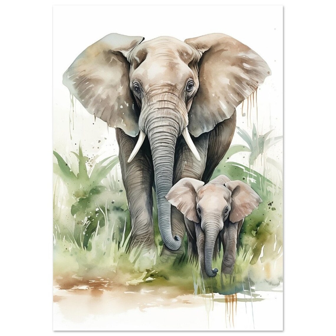 Mother Elephant And Baby Walking Together Watercolour Wildlife Poster