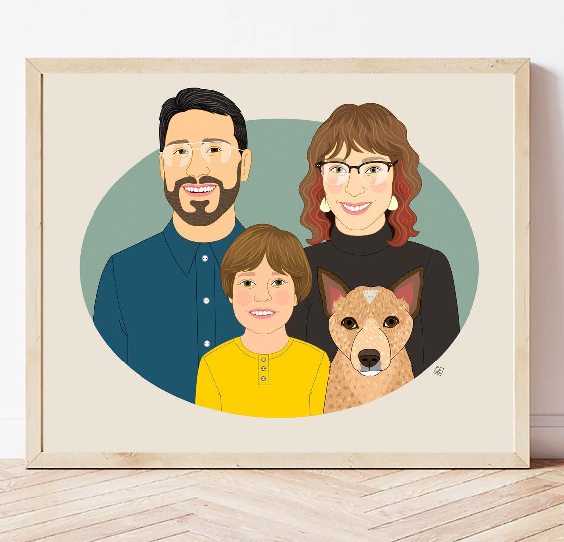 Family of Three With Tan Dog Custom Illustrated Portrait Poster