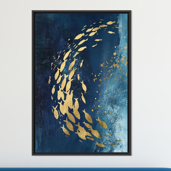 Gold Fish School Navy Blue Abstract Ocean Painting Wall Poster