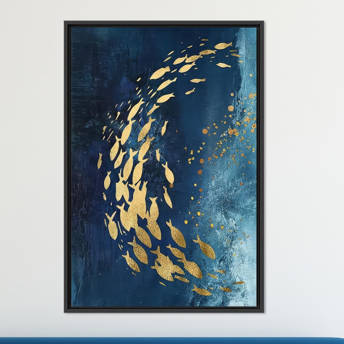 Gold Fish School Navy Blue Abstract Ocean Painting Wall Poster