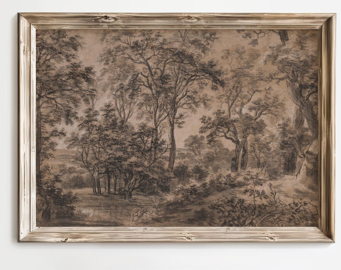 Antique Sepia Forest Trees Ink Sketch Woodland Landscape Art Poster