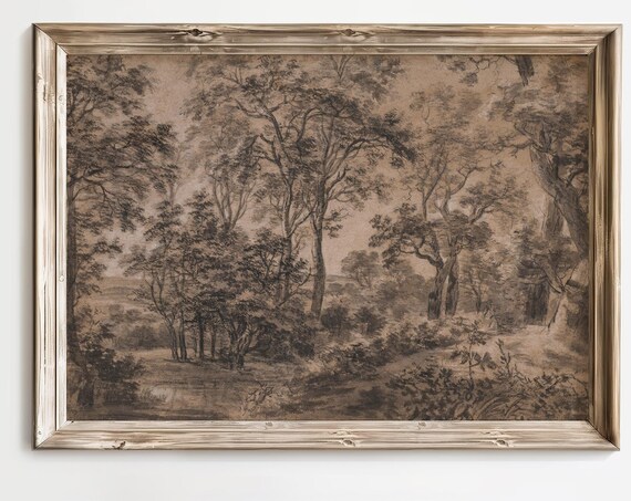 Antique Sepia Forest Trees Ink Sketch Woodland Landscape Art Poster