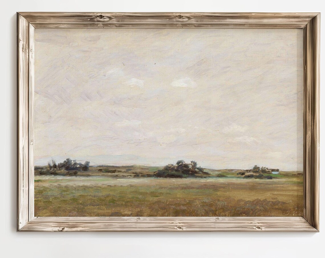 Antique Open Field Landscape Big Pale Sky Vintage Oil Art Poster