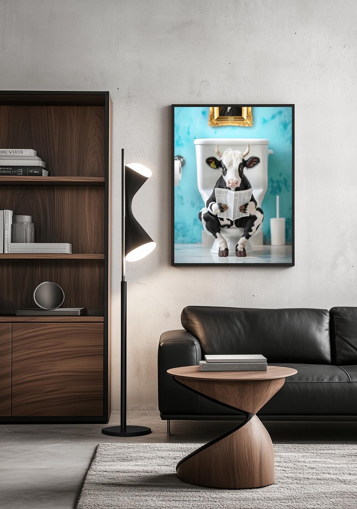 Holstein Cow Reading Newspaper in the Toilet Art Print - Image 2