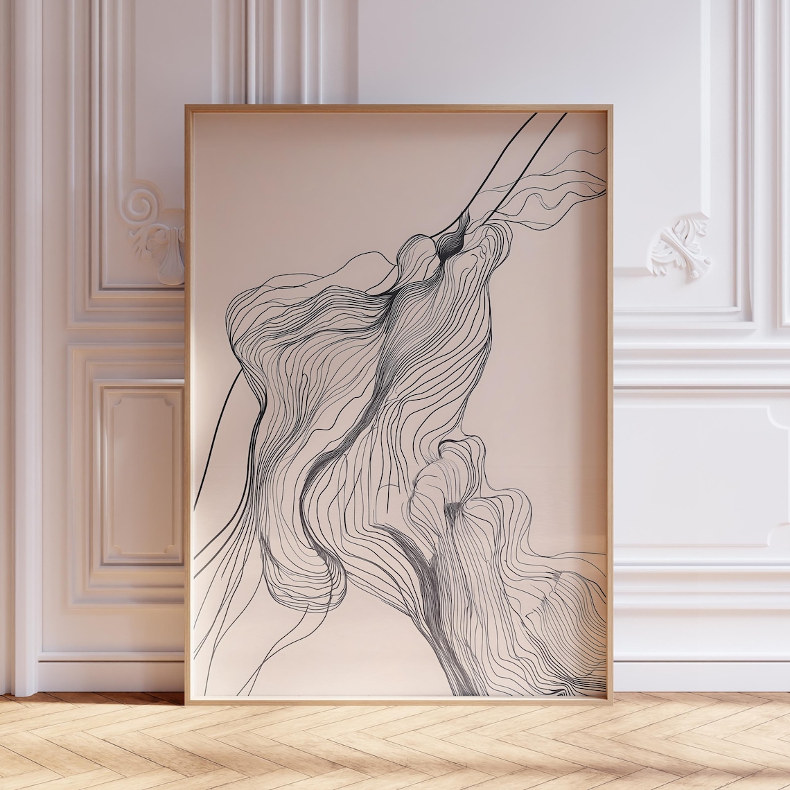 Flowing Black Lines Abstract Beige Minimalist Line Art Poster