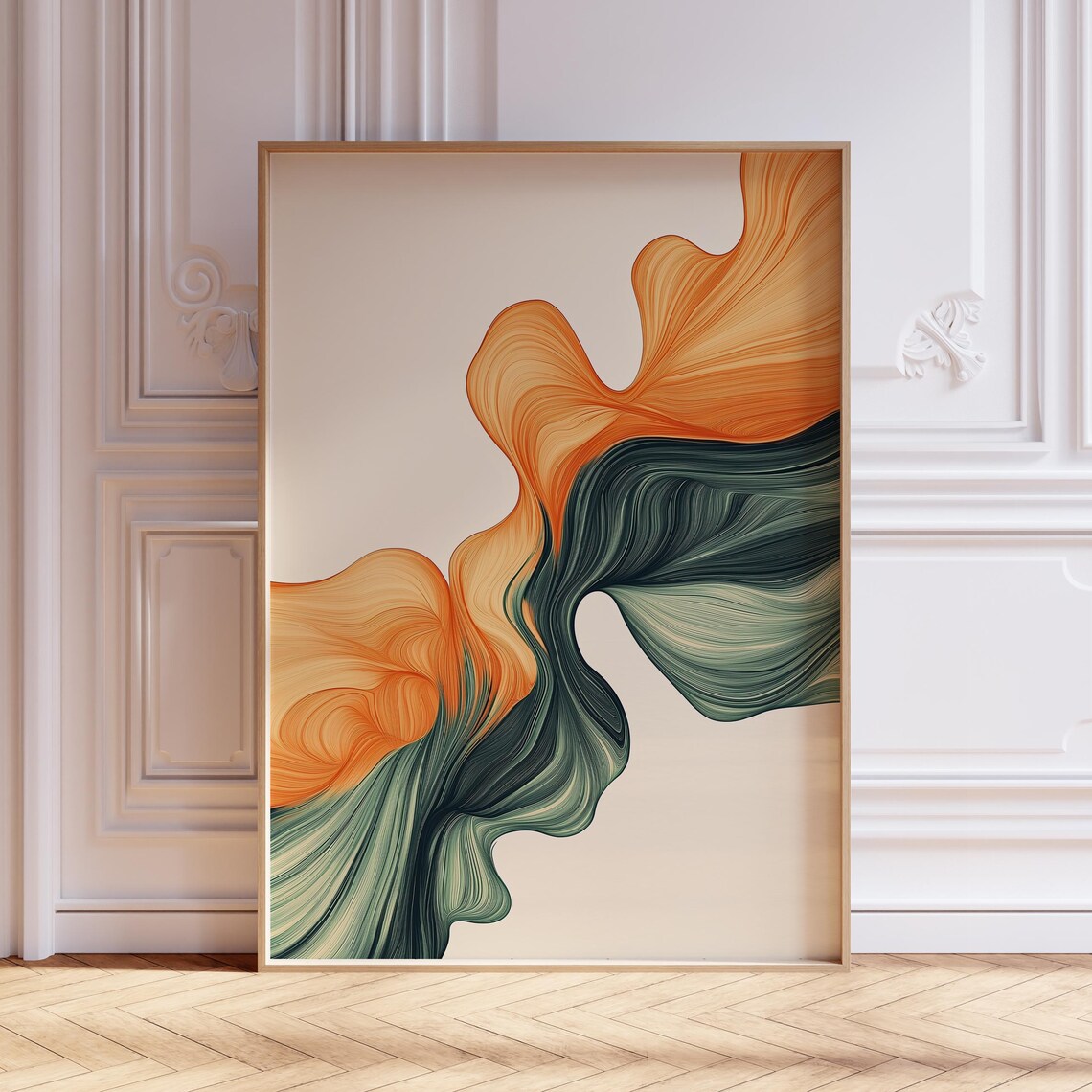 Burnt Orange Sage Green Abstract Art Print, Mid-Century Modern