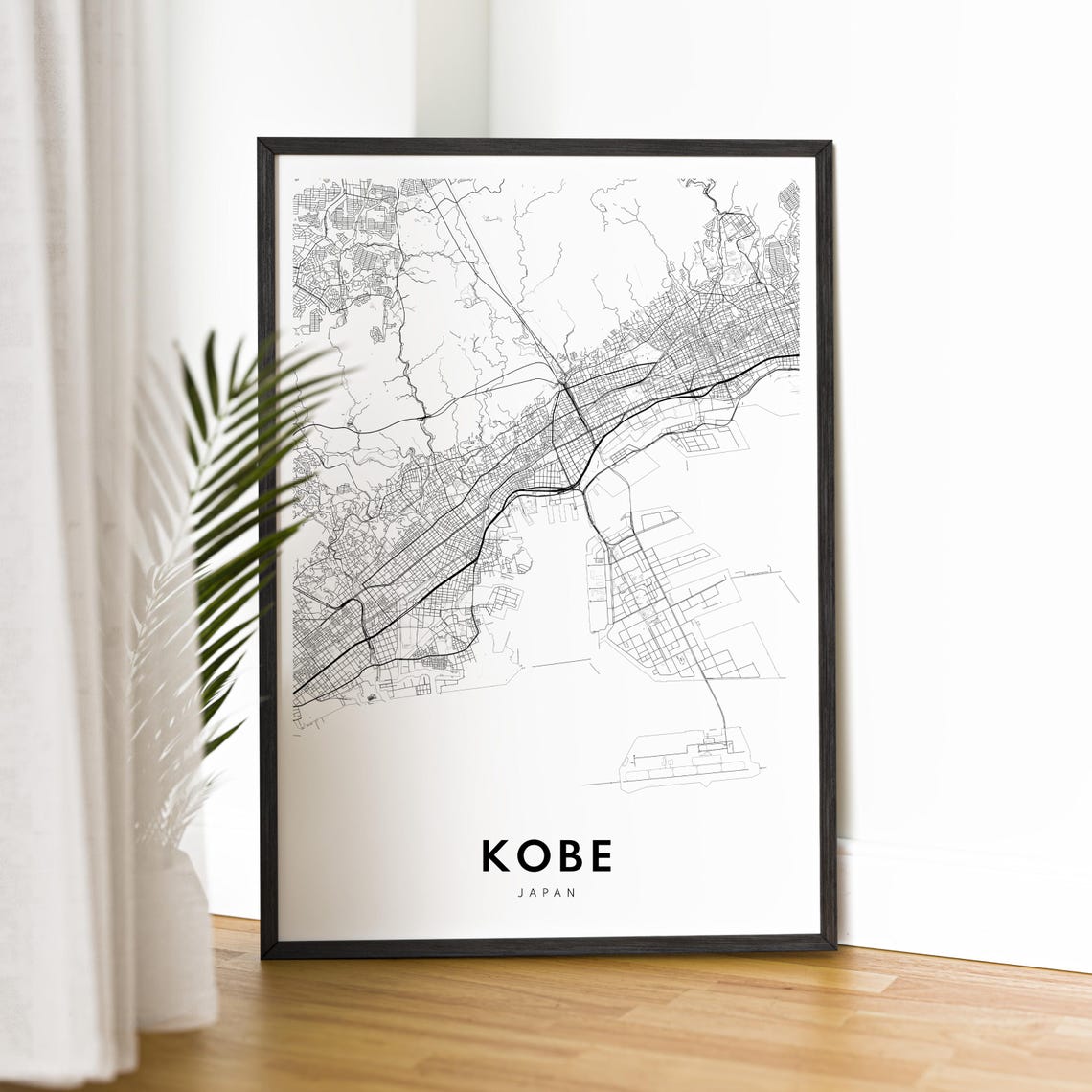 Kobe Japan Black And White Minimalist City Street Map Art Poster - Image 2