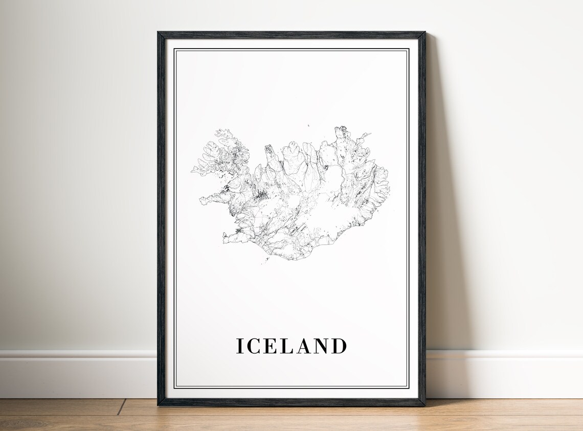 Iceland Map Poster, Minimal Black And White Map