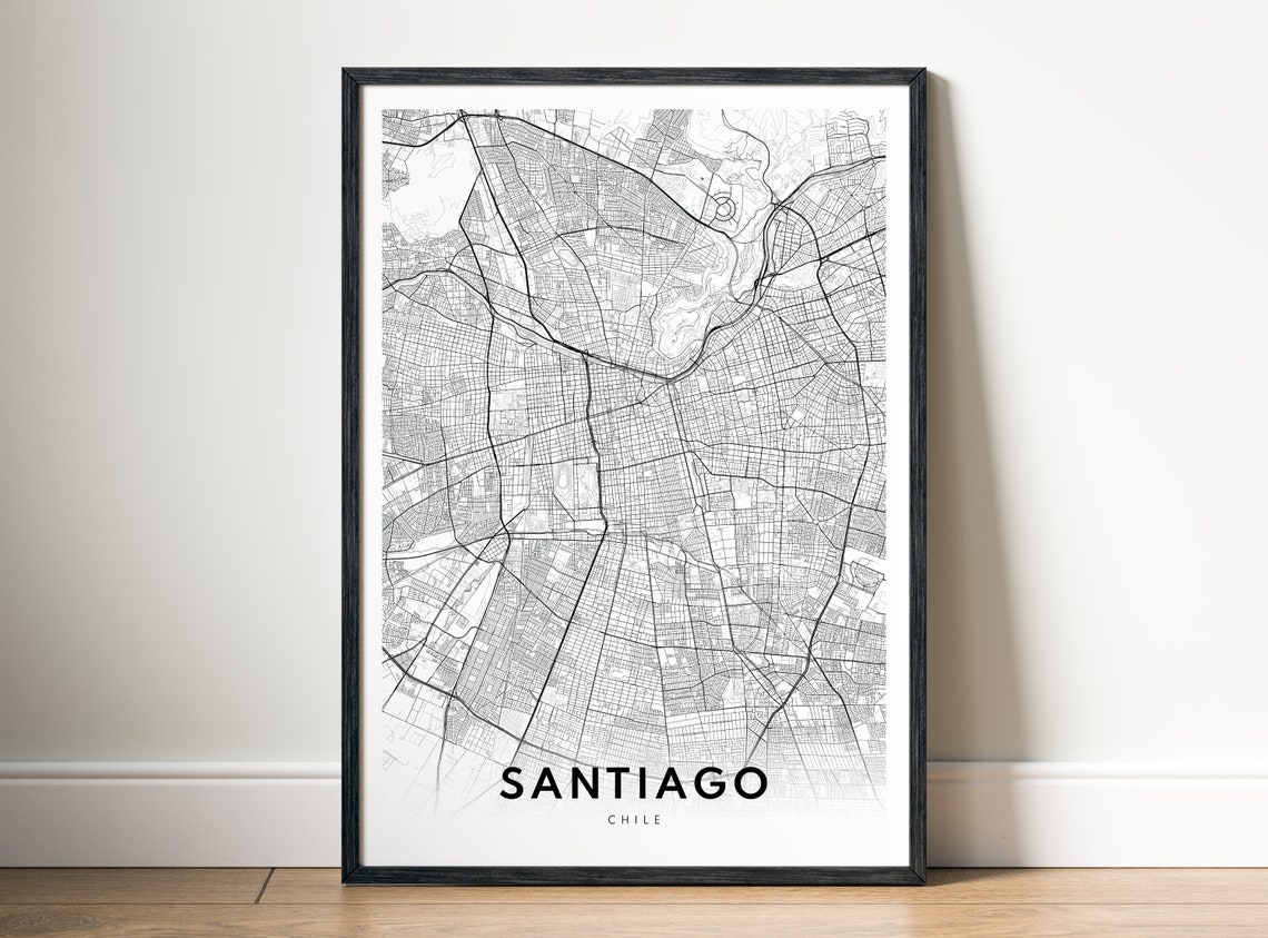 Santiago Chile Black and White City Map Modern Minimalist Wall Art
