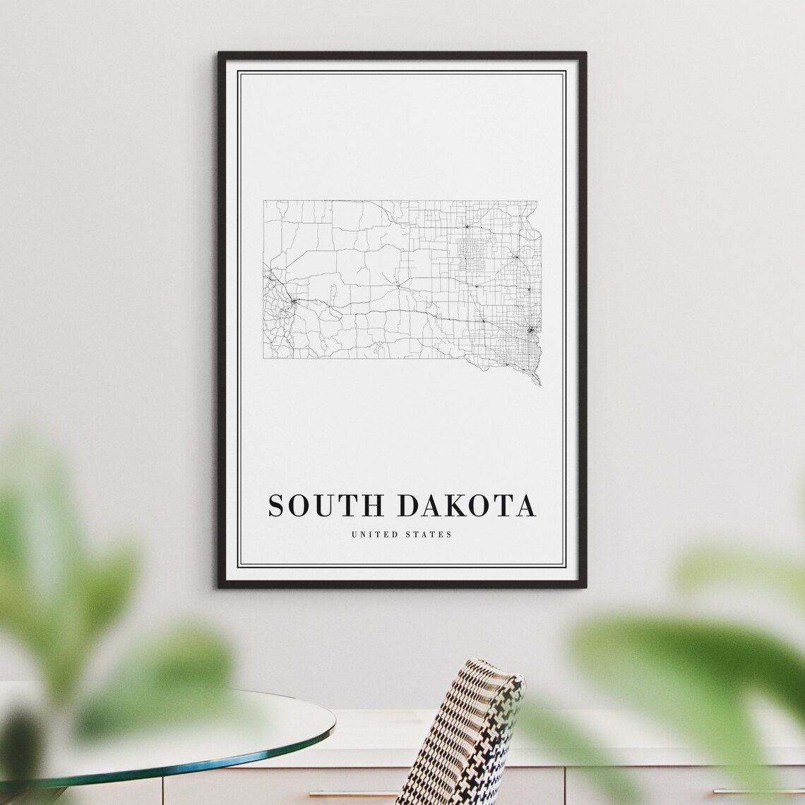 South Dakota State Road Map Minimalist Black White Art Poster - Image 3