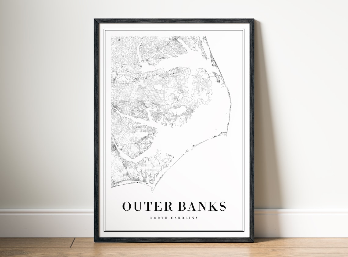 Outer Banks North Carolina Map Art Print, Mono