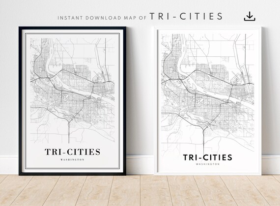 Tricities Wa Map Print Washington Poster Tri Cities Black And White