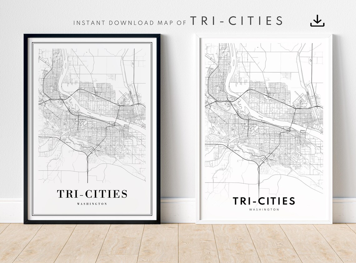 Tricities Wa Map Print Washington Poster Tri Cities Black And White
