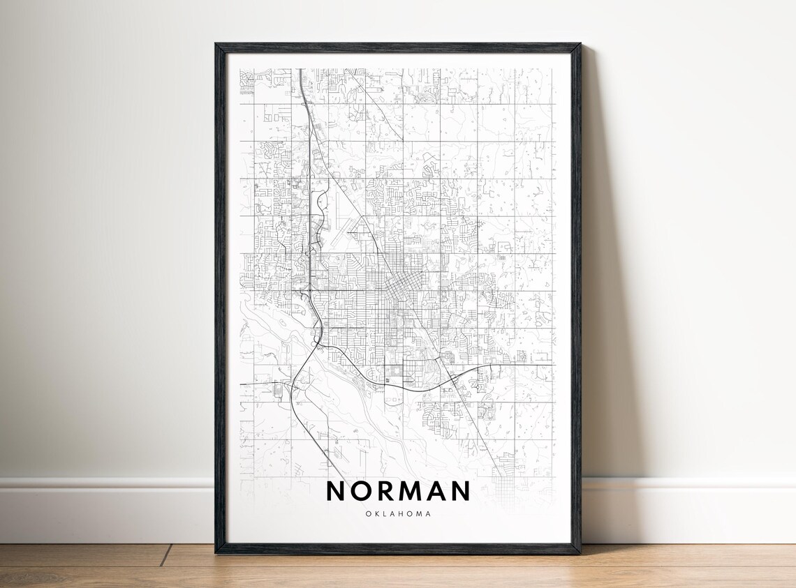 Norman Ok Map Print Oklahoma Poster Black And White Wall Art Sketch
